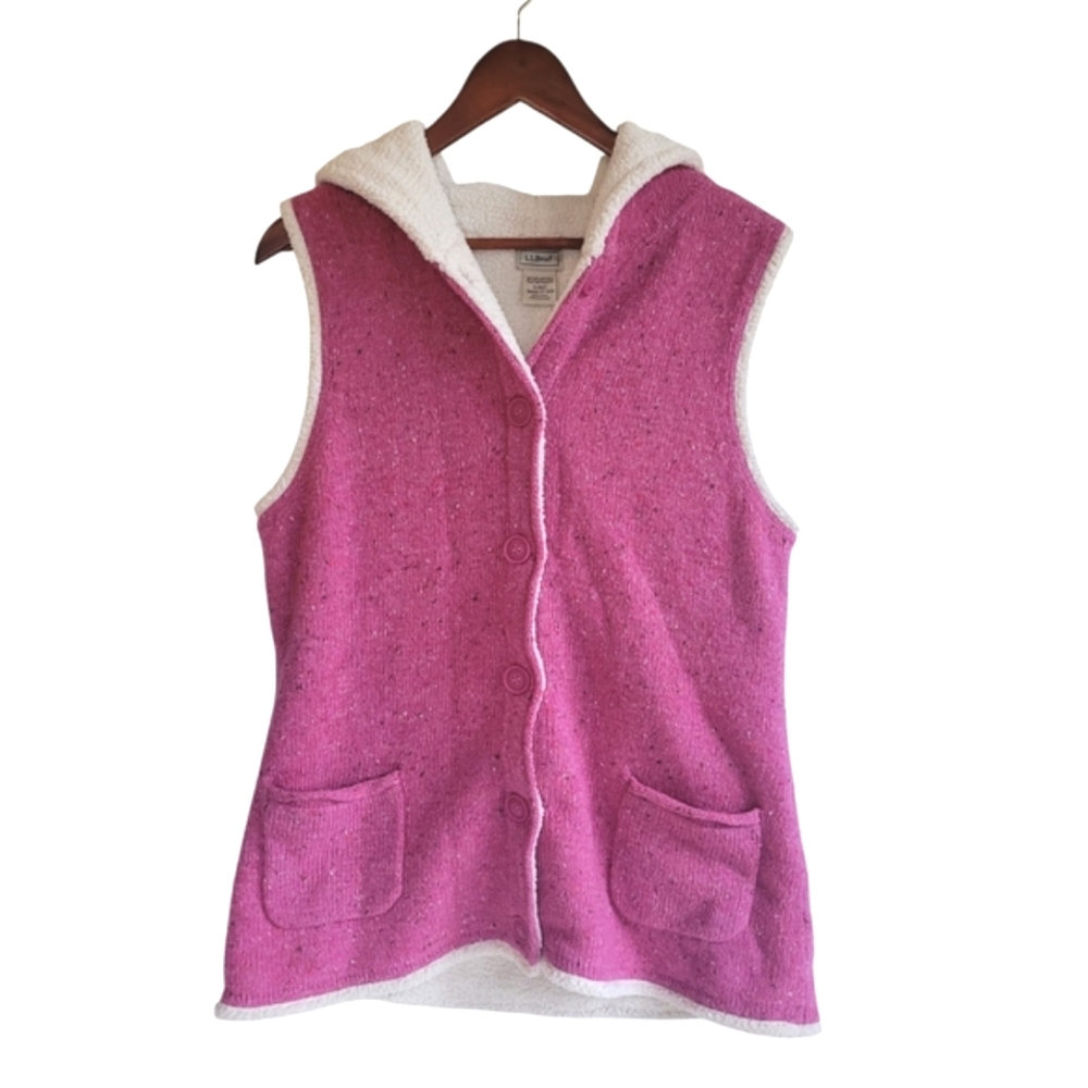 LLBean Fleece Hooded Winter Long Vest Pink Women's Small